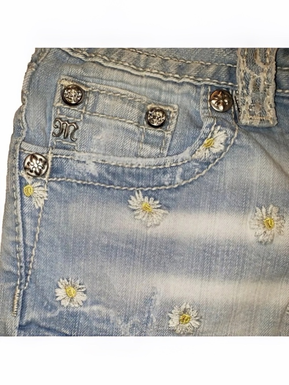 Gorgeous Miss Me Signature Daisy Embroidered Shorts With 2-1/2” Inseam - Picture 2 of 6
